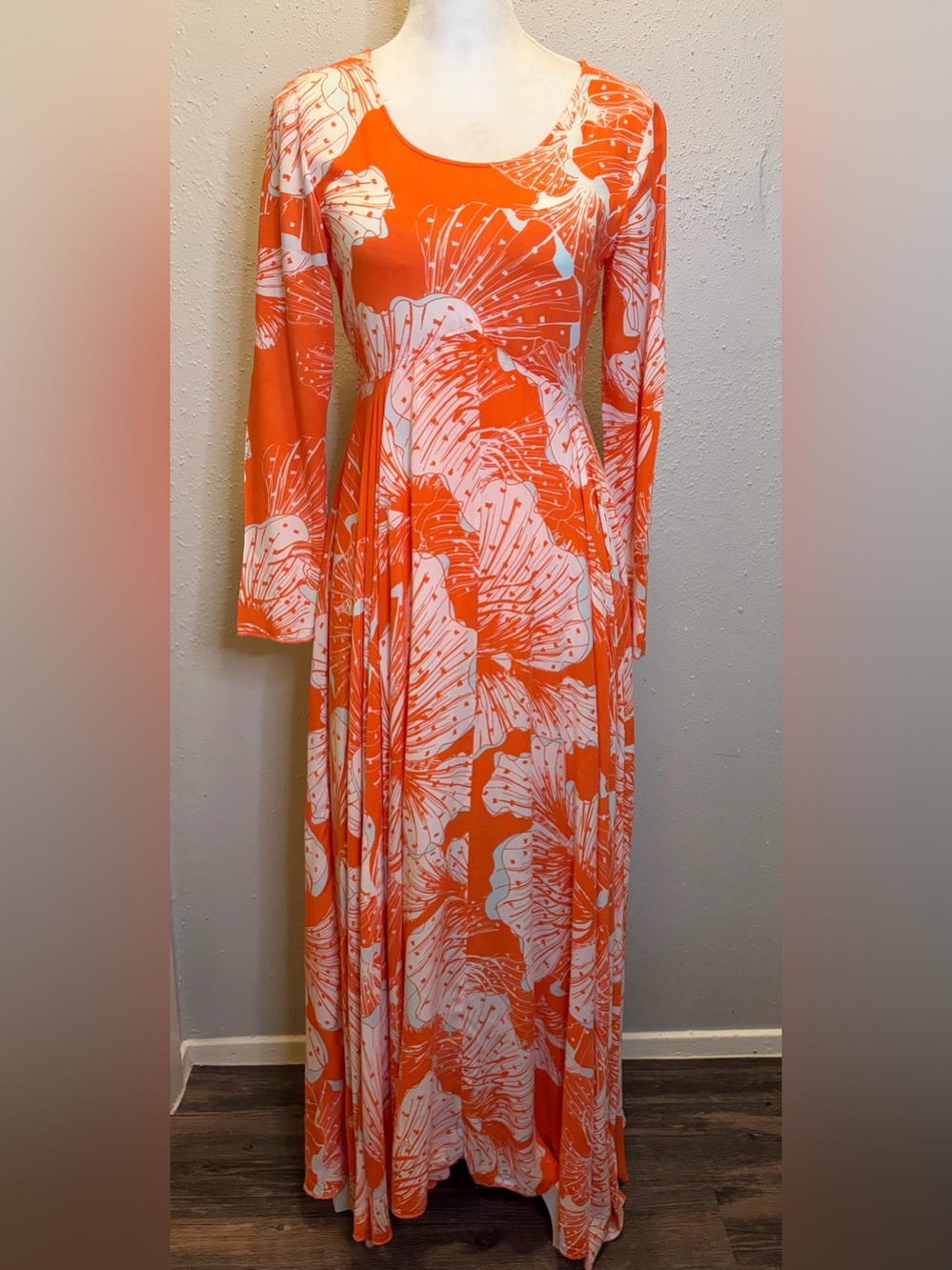 Free People First Kiss Maxi Dress Orange Floral Long Sleeve Rayon Bohemian